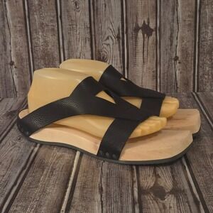 Sz 40 EU/ 9 US Womens Trippen Black Leather Wood Sole Sandals Slides Worn 1X!